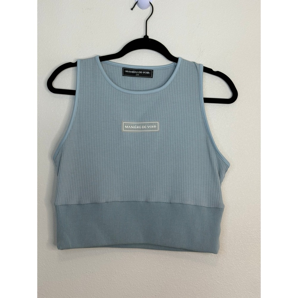 Maniere De Voir Blue Ribbed Cropped Racerback Tank Top Logo Patch Size 16